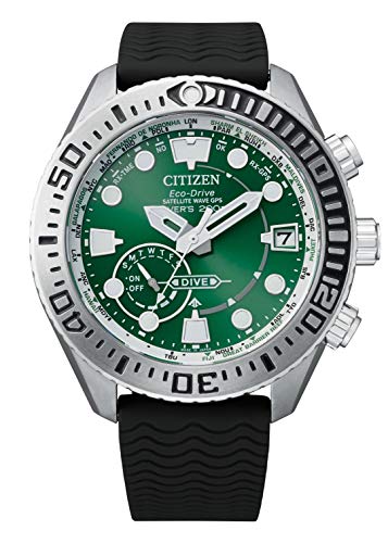 [Citizen] 腕時計 プロマスター ダイバーズウォッチ 防水 エコ・ドライブGPS衛星 電波時計 MARINEシリーズ ダイバー200M トリップアドバイザーコラボモデル 黒 グリーン 緑 ウレタン CC5001-00W メンズ ブラック